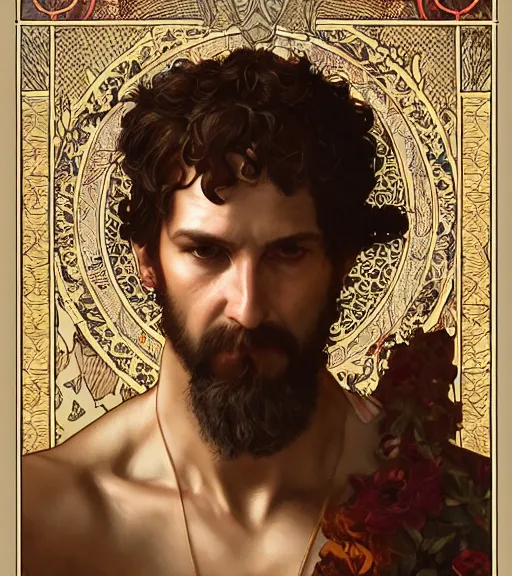 Image similar to a tarot card portrait of dionysus, realistic, 8 k, by greg rutkowski, artgerm, alphonse mucha, ornate, vines as jewelry, symmetry, sharp focus