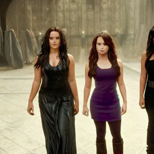 Image similar to Demi Lovato as Piper Halliwell and Selena Gomez as Phoebe Halliwell and Ariana Grande as Prue Halliwell in a Charmed movie directed by Christopher Nolan, movie still frame, promotional image, imax 35 mm footage