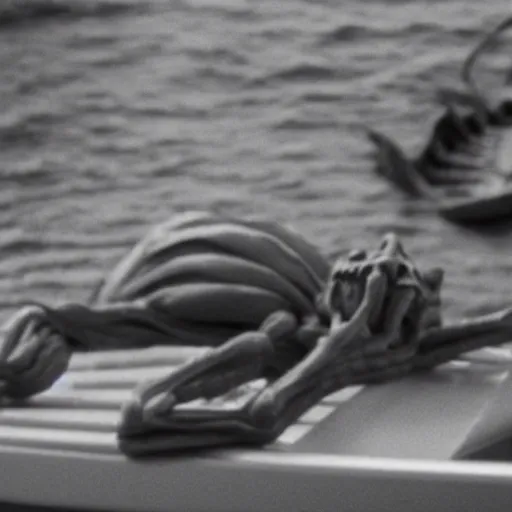 Prompt: an alien crawling on a boat. in the style of junji ito. photograph from horror film.