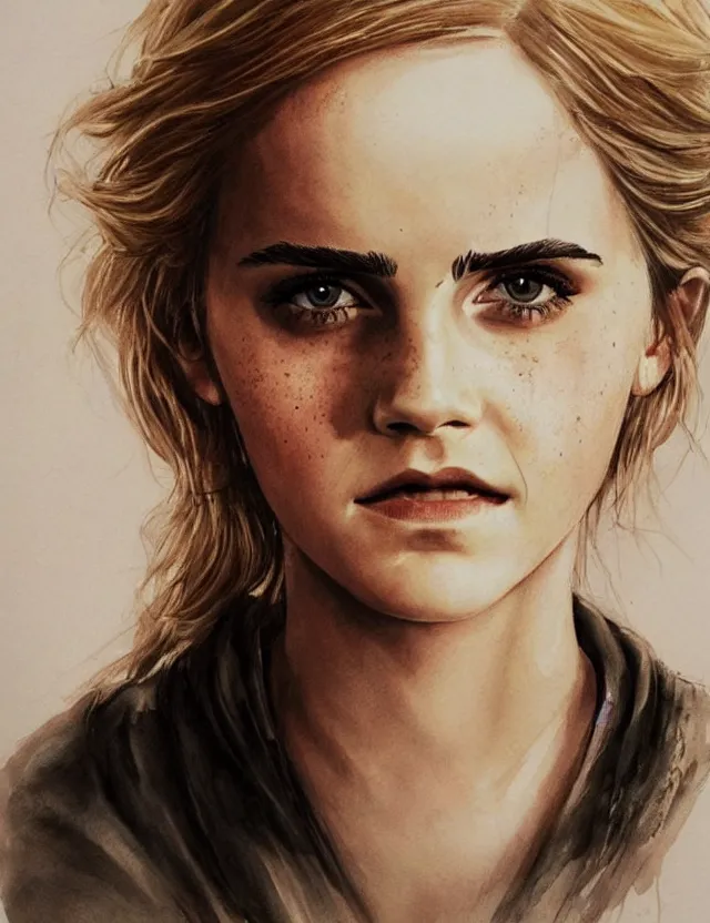 Image similar to portrait of a young emma watson as ciri from the witcher 3, beautiful eyes, aquarelle, realistic painting, freckles, 1 / 4 headshot