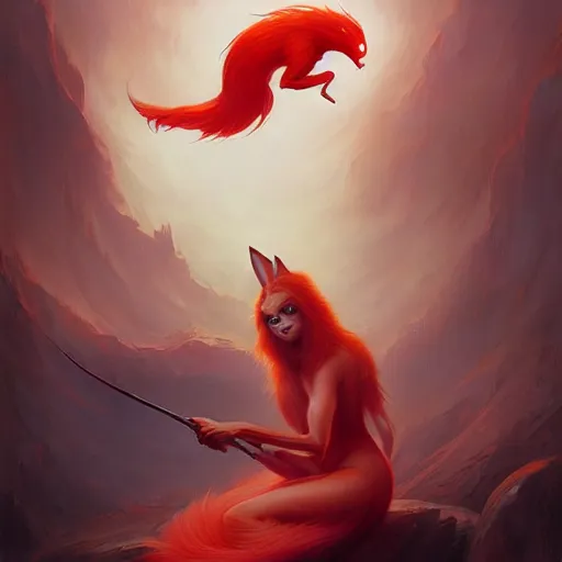 Prompt: prompt A beautiful red orange hairy kumiho, concept art, matte painting, by Peter Mohrbacher