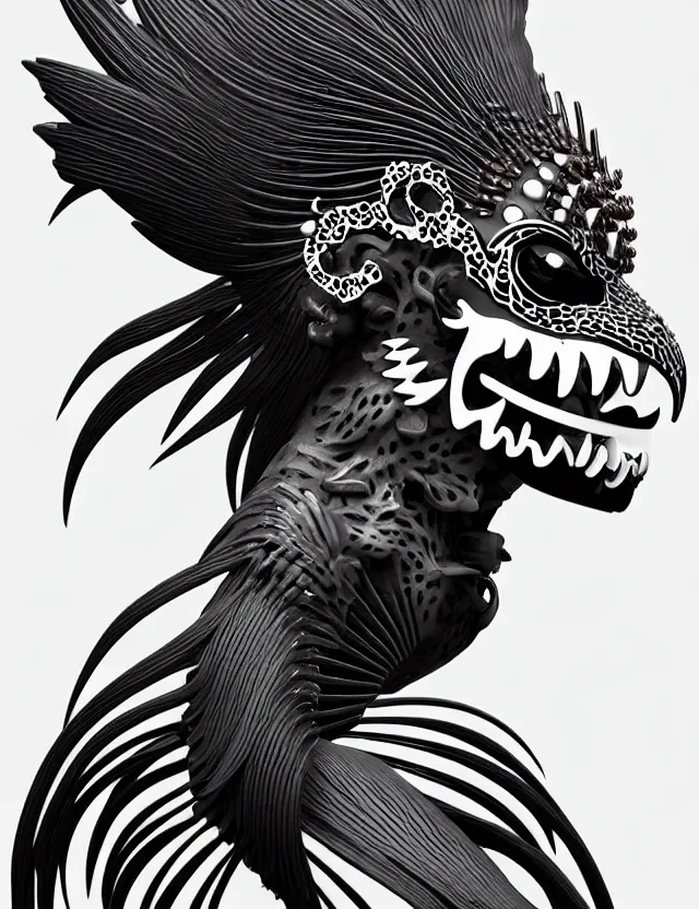 Image similar to 3 d goddess close - up profile simple portrait punk with mohawk with tiger skull. beautiful intricately detailed japanese crow kitsune mask and clasical japanese kimono. betta fish, jellyfish phoenix, bio luminescent, plasma, ice, water, wind, creature, artwork by tooth wu and wlop and beeple and greg rutkowski