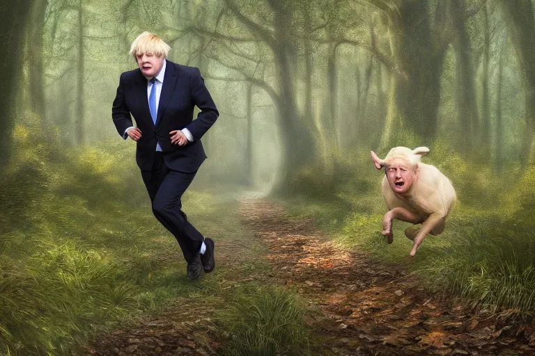 Image similar to boris johnson chasing you in a forest, trailcam footage, created by Mark Keathley