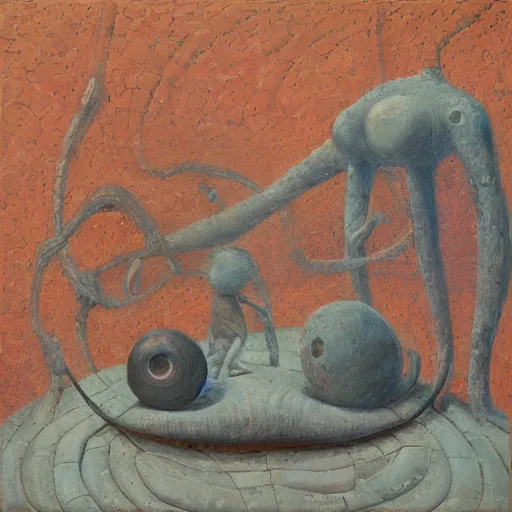 Image similar to a detailed, impasto painting by shaun tan and louise bourgeois of an abstract forgotten sculpture by ivan seal and the caretaker, album cover