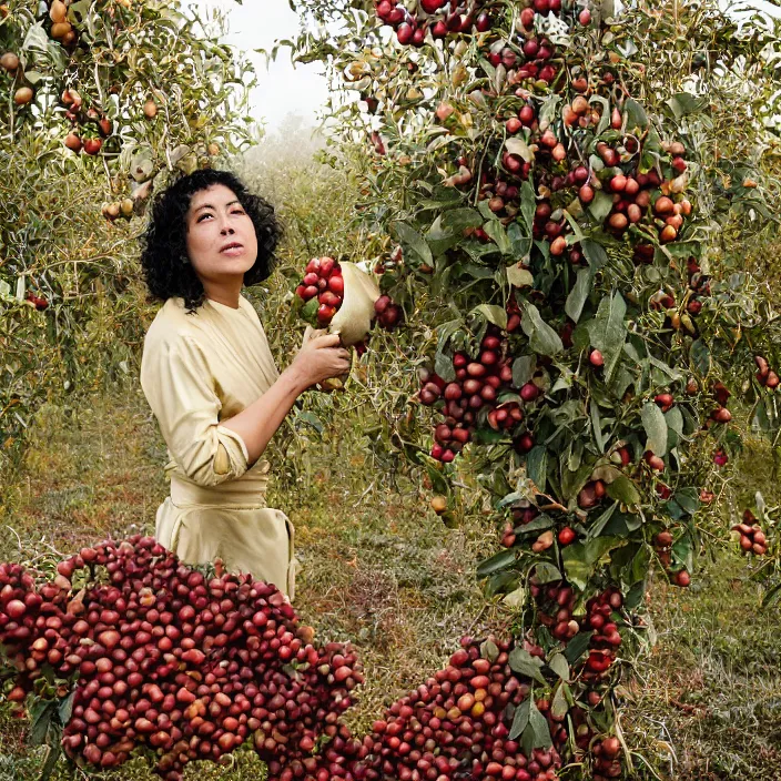 Image similar to a closeup portrait of a woman wearing golden spider silk sea silk seaweeds, picking pomegranates from a tree in an orchard, foggy, moody, photograph, by vincent desiderio, canon eos c 3 0 0, ƒ 1. 8, 3 5 mm, 8 k, medium - format print