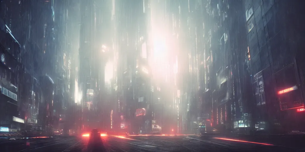 Prompt: modern futuristic city, cinematic, blade runner style, robots and humans, atmospheric, hazy, dark lighting, ILM, vfx, cinematography by greig fraser