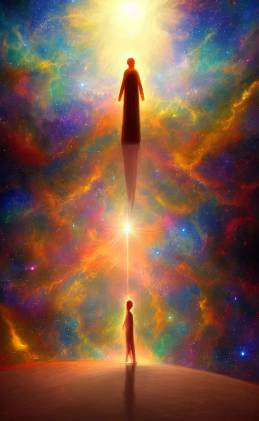 Image similar to Meeting God in the universe, digital art, trending on art station