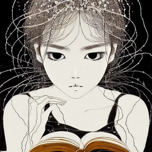 Image similar to prompt: Balck and white Fragile looking vessel portrait face drawn by Katsuhiro Otomo, beautiful girl in lake with shining face super detailed, nymph in the water performing alchemy, small flowers and cables and wire around and on the side with artifacts and ancient book, intricate oil painting, soft light, white background, intricate detail, intricate oil painting detail, sharp high detail, manga and anime 2000