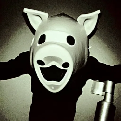 Image similar to creppy 2 0 0 3 photo of a pig masked man screaming in a dark room