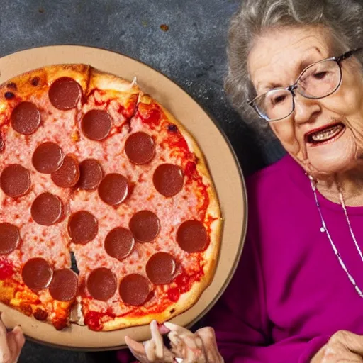 Image similar to grandmas smashing their faces together with pepperoni pizza