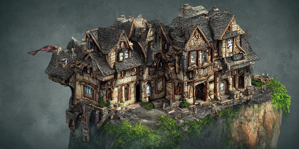 Prompt: \'mimic fantasy houses\' with clawed feet, far away landscape shot, tilt-shifted, high quality art, 4k