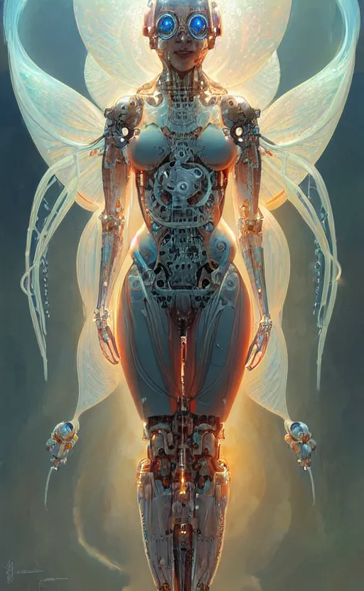 Image similar to Cyborg biomechanical jellyfish angel girl, sci-fi, highly detailed, digital painting, artstation, concept art, smooth, sharp focus, illustration, art by artgerm and greg rutkowski and alphonse mucha