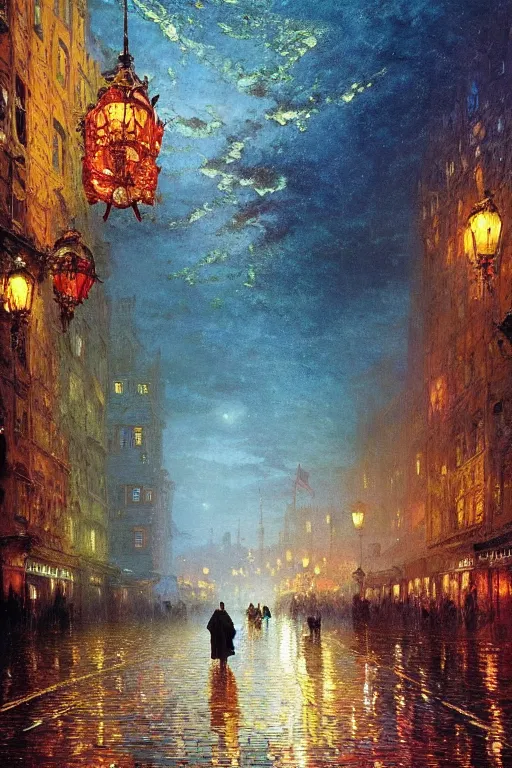 Image similar to the mad king in disguise, walking through the crowded streets of the city of blood and prisms, night skies, dramatic light, hyperrealistic, colorful skies, digital art, vray, mythical, john atkinson grimshaw, ivan aivazovsky, leonid afremov