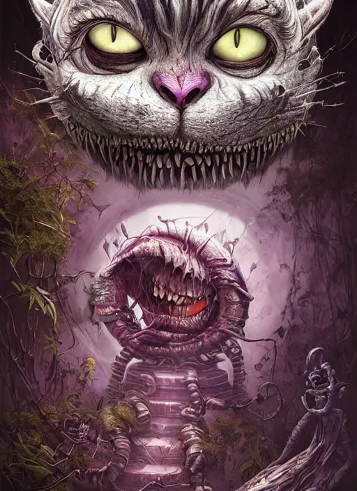 Image similar to cheshire cat, angry, scary, cheeky, welding googles, skull, highly detailed, cinematic, 8 k, by megan duncanson, benjamin lacombe, stanley artgermm, tom bagshaw, craig mullins, carne griffiths, ayami kojima, beksinski, giger, trending on deviantart, hyper detailed, horror, full of colour