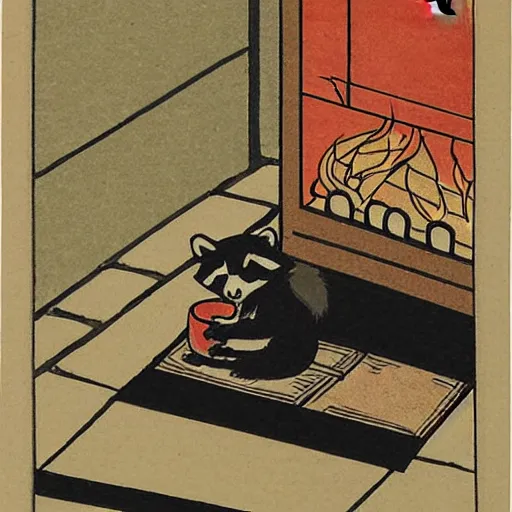 Image similar to little raccoon sitting by a cozy fireplace with a cup of tea. warm color temperature. ukiyo - e,