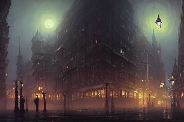 Image similar to an victorian city, scene in the night, lovecraftian horror in the background sky. 1 8 9 0, key visual, conceptart, ambient lighting, highly detailed, digital painting, artstation, concept art, sharp focus, by makoto shinkai and akihiko yoshida and greg manchess