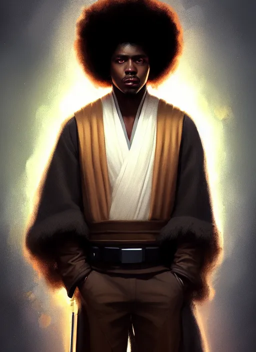 Prompt: photographic portrait of an handsome young black man with an afro, atmospheric lighting, elegant, highly detailed, digital painting, artstation, concept art, sharp focus, star wars, illustration, art by artgerm and greg rutkowski