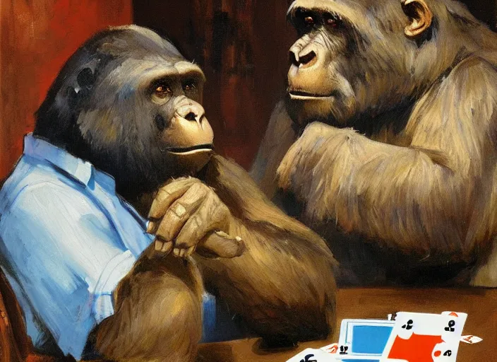 Image similar to gorrila with a bear, playing poker highly detailed beautiful, by gregory manchess, james gurney, james jean