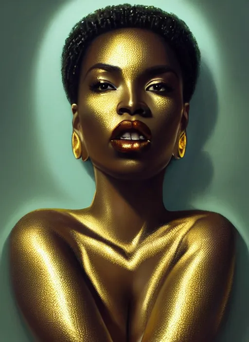 Image similar to a gorgeous black woman oil painting, soft lighting, wearing shiny gold catsuit, illuminated only by floating, glowing alien symbols, realistic, smooth face, perfect eyes, wide angle, sharp focus on eyes, 8 k high definition, insanely detailed, intricate, elegant, art by artgerm, livia prima and wlop