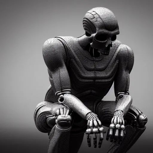 Prompt: the thinker sculpture as an I Robot by mario feng, skulls, ray tracing, master shot, octane render, 8k, ultra hd, perfect light