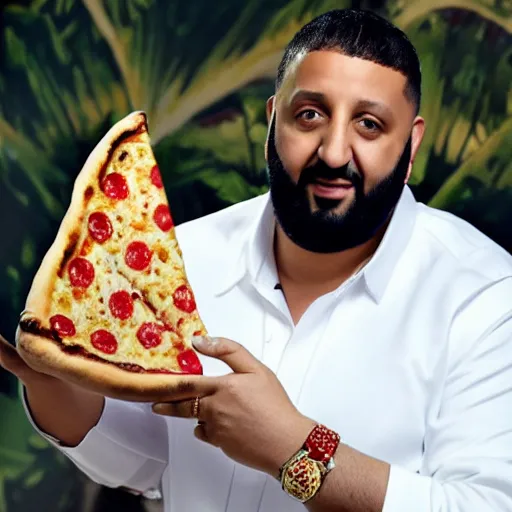 Prompt: DJ khaled holding huge ice cream cones and a pizza