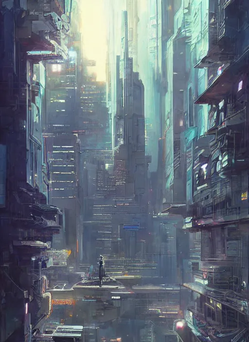 Image similar to cybercat sitting in window | cyberpunk cityscape, illustrated by james warhola and greg rutkowski