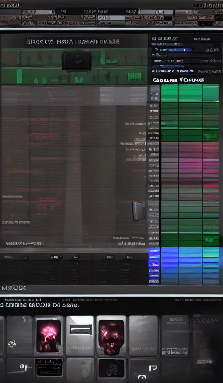 Image similar to GUI for an app that visualizes nightmares, cyberpunk, horror, System Shock 2, Shin Megami Tensei, Deus Ex