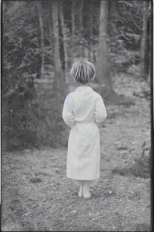 Image similar to photo polaroid of a sad and lonely child in a white coat and barefoot stands in the middle from behind the camera many big tents of field hospitals, pandemic, covid, loneliness, black and white ,photorealistic, 35mm film,