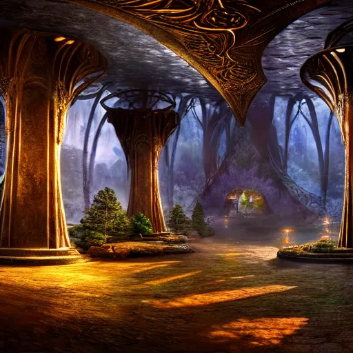 Prompt: inside a magical elven city, highly detailed, 4k, HDR, award-winning, hyper realistic