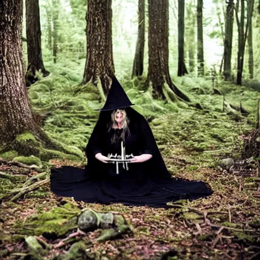 Prompt: A Witch performing a seance in a forest