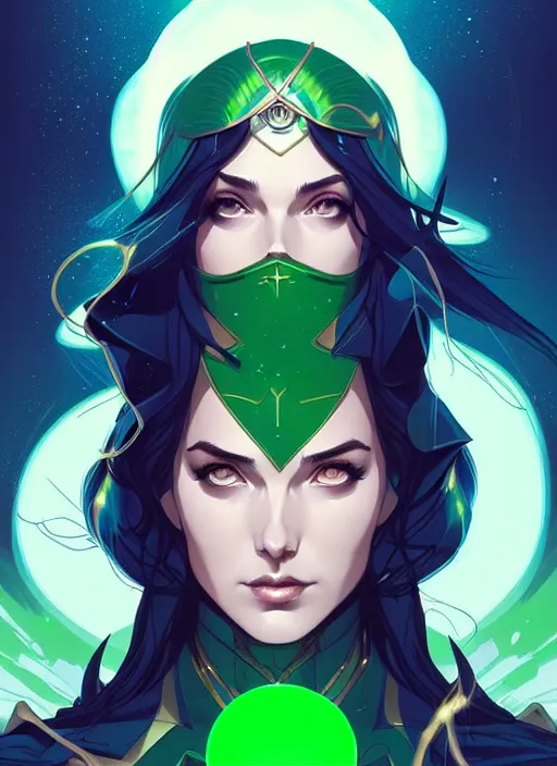 Prompt: style artgerm, joshua middleton, illustration, gal gadot as a high priestess wearing green pelt light armor, anime eyes, blue hair, swirling water cosmos, fantasy, dnd, cinematic lighting