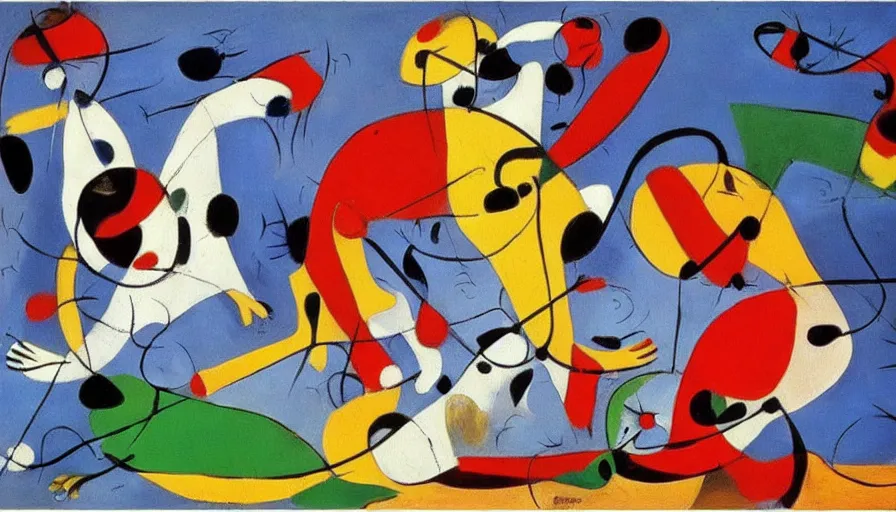 Prompt: capoeira, painting by joan miro