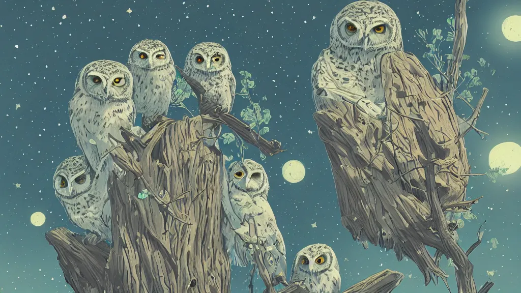 Prompt: very detailed, ilya kuvshinov, mcbess, rutkowski, watercolor illustration of nest of baby owls at night, colorful, deep shadows, astrophotography, highly detailed, wide shot
