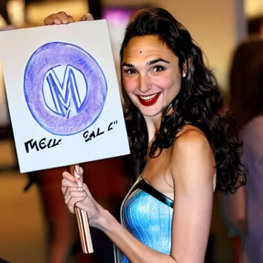 Image similar to Gal Gadot holding a sign that says M I T C H I E P O O !!!! as painted by Ralph Horsley