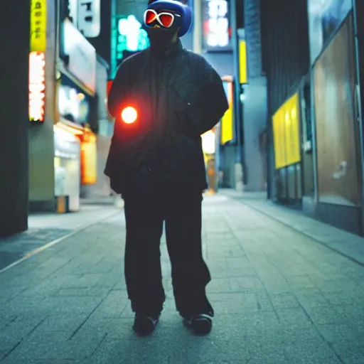 Image similar to old black man in tokyo at night, wearing ski goggles, cinestill 8 0 0,