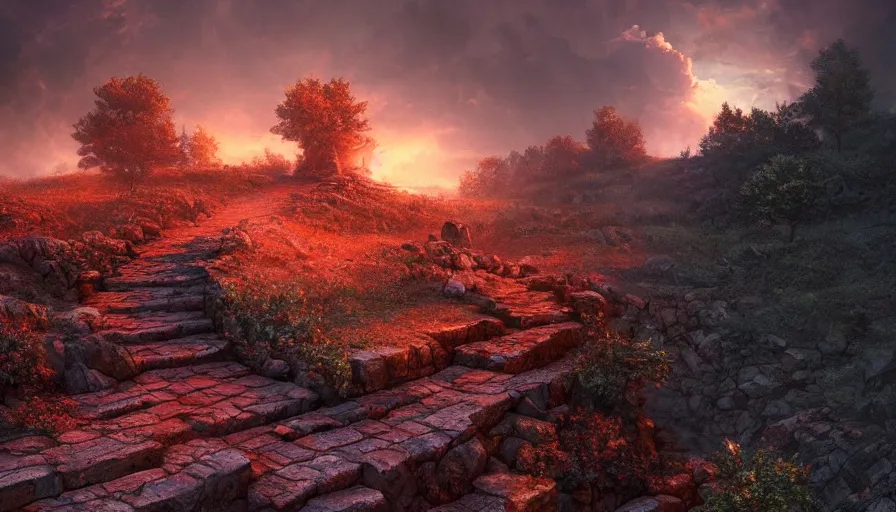 Prompt: a stone stairway leading into the heavens, fire, bright red sky, red rain, dark clouds, rule of thirds, highly detailed, volumetric lighting, trending on artstation, concept art, matte painting, 4k, octane render, masterpiece, art by ted nasmith and greg rutkowski