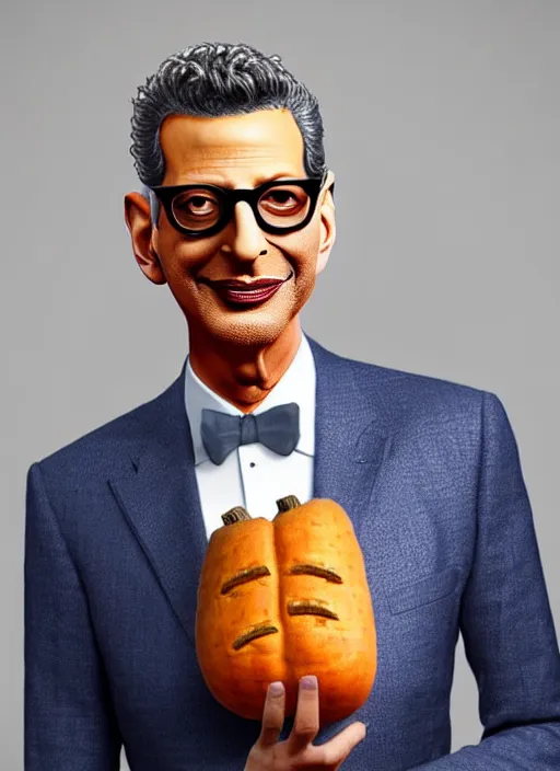 Image similar to jeff goldblum dressed up in a sweet potato