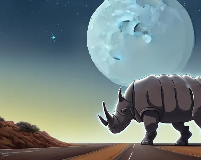 Prompt: a cell shaded cartoon of a lovecraftian mechanized rhino on a desert road, in front of a big moon. illustration, wide shot, very dull muted colors, post grunge, studio ghibli, highly detailed, sharp focus, trending on artstation, hq, deviantart, art by artgem