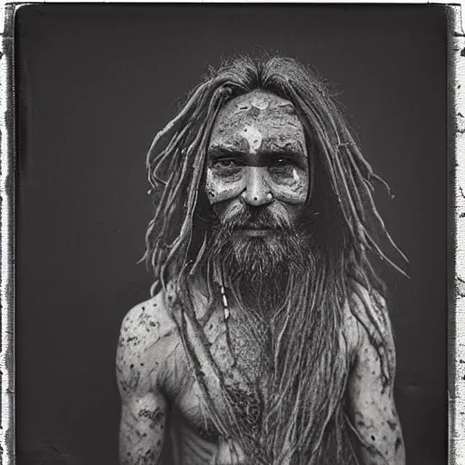 Prompt: realistic exposed polaroid film portrait of aghori sadhu covered in ash, hyperrealism, hypermaxiymalism, photorealistic, detailed, atmospheric, 8 k, award winning photography, cinematic