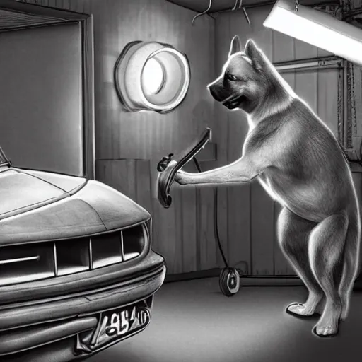 Image similar to photorealistic of a dog working as a mechanic, dynamic lighting, highly detailed