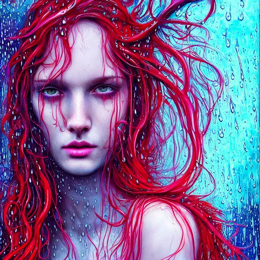 Image similar to bright asthetic portrait of LSD in rain with wet hair and face, liquid, fantasy, intricate, elegant, dramatic lighting, highly detailed, lifelike, photorealistic, digital painting, artstation, illustration, concept art, smooth, sharp focus, art by John Collier and Albert Aublet and Krenz Cushart and Artem Demura and Alphonse Mucha