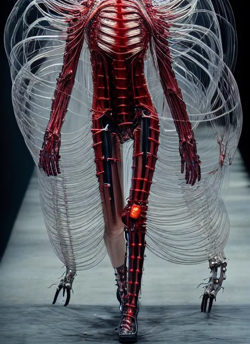 Image similar to walking down the catwalk, steven klein, mert alas and marcus piggott, show, stage, vogue photo, podium, fashion show photo, iris van herpen, beautiful woman, full body shot, masterpiece, inflateble shapes, alien, giger, plant predator, guyver, jellyfish, wires, veins, biomechanical details, bionic cyborg implants, colourfull