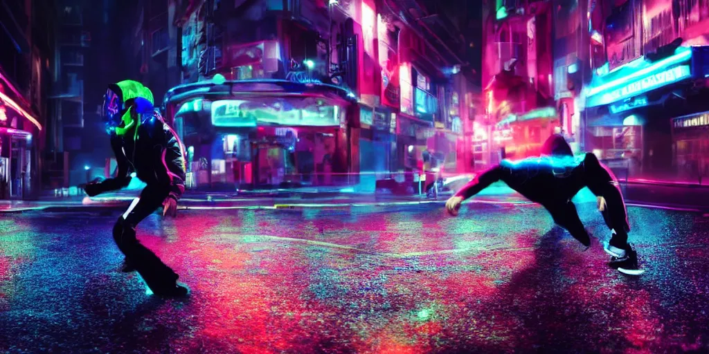 Image similar to slow motion film still of futuristic break dancer wearing dark suit with neon lights, long exposure shot , at night in the middle of a rainy street, paddle of water, water splashes, rim lights, glossy reflections, octane render, detailed and soft, by laurie greasley