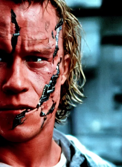 Prompt: film still of heath ledger as the terminator in the terminator, 4 k