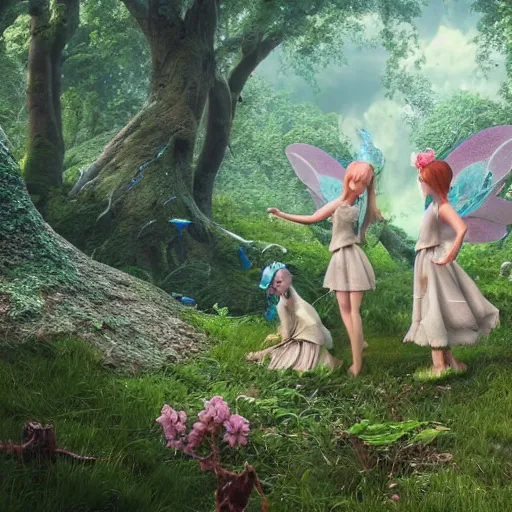 Prompt: fairies in a heavenly forest, highly detailed, 4k, HDR, award-winning, octane render, artstation