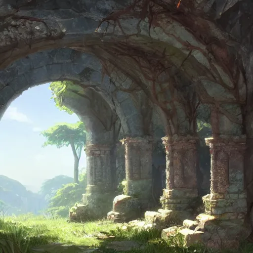 Image similar to concept art painting of an ornate ancient stone archway, in the woods, trees in foreground, realistic, detailed, cel shaded, in the style of makoto shinkai and greg rutkowski and james gurney