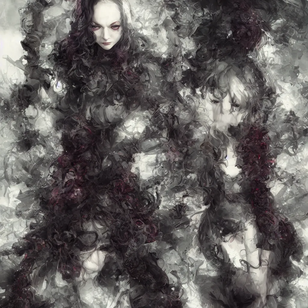 Image similar to christina hendricks goth, tankoban, 4 k, tone mapping, akihiko yoshida, james jean andrei riabovitchev marc simonetti, yoshitaka amano, long hair, curly, h. hydrochaeri