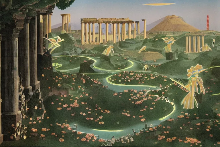 Image similar to night, stars, mecha robot, hanging gardens of babylon, temple of artemis at ephesus, waterfalls, blooming hills with spring flowers and pillars by helen lundeberg