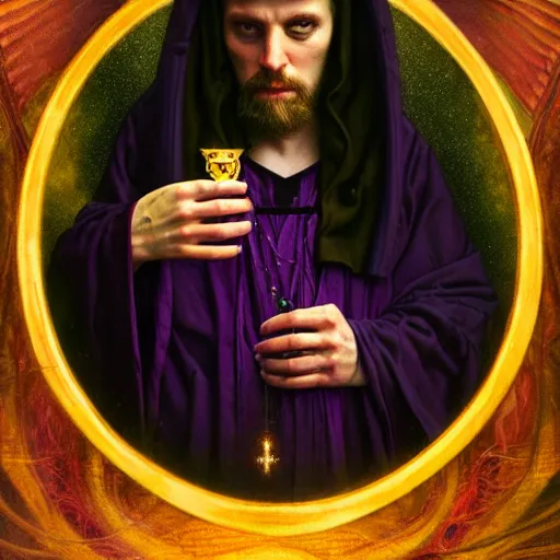 Prompt: middle aged man, in dark purple robes, occult , Tom bagshaw, sam spratt, Gustav Klimt, intricate, dark colors, 4k, art nouveau