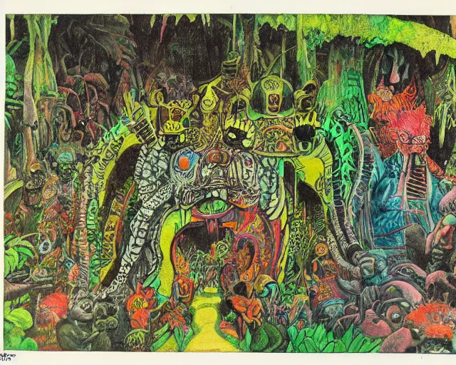 Image similar to surreal colorful nightmarish garden las pozas, mayan jaguar warrior, ink by frank miller and diego rivera, crayon and cut up, punk fanzine 1 9 6 7